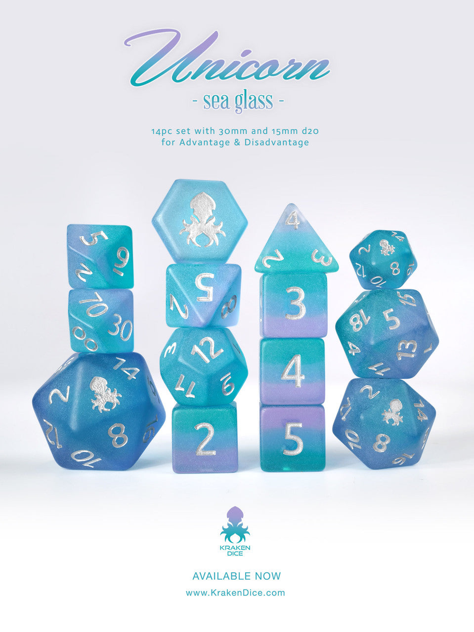 Unicorn Sea Glass 14pc Silver Ink Matte Dice Set